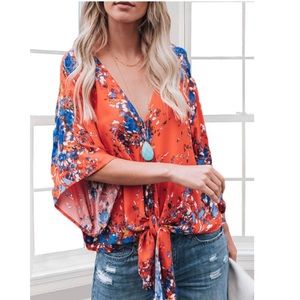 Floral Kimono Sleeve Top - orange, boho, & chic
